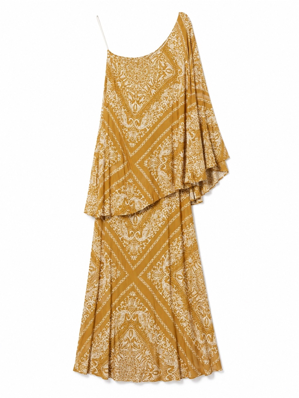 Novella Royale One-Shoulder Paisley Maxi Dress in Mustard and White